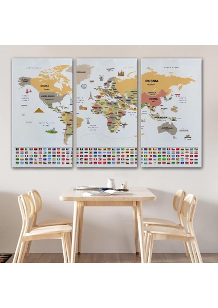 Dünya Haritası Ülke Bayraklı ve Başkentli Kanvas Tablo 1935 modelleri