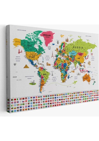 Dünya Haritası Ayrıntılı Eğitici Sembollü Bayraklı Dekoratif TABLO2869