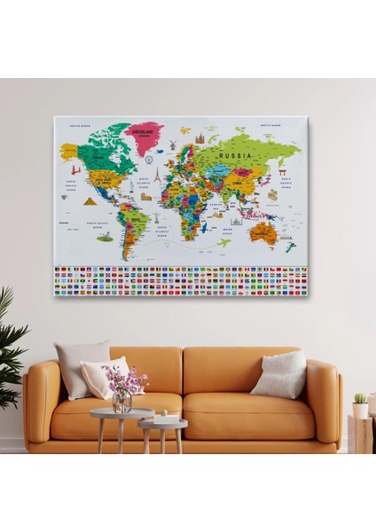 Dünya Haritası Ayrıntılı Eğitici Sembollü Bayraklı Dekoratif TABLO2869 fiyatları
