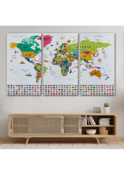 Dünya Haritası Ayrıntılı Eğitici Sembollü Bayraklı Dekoratif TABLO2869 modelleri