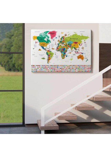 Dünya Haritası Ayrıntılı Eğitici Sembollü Bayraklı Dekoratif TABLO2869 indirimleri
