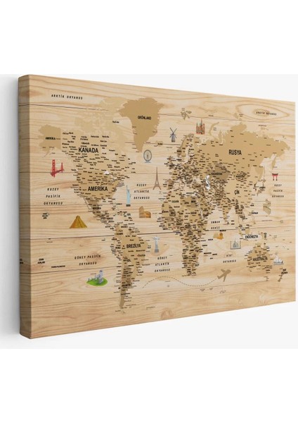 Ahşap Görünümlü Türkçe Dünya Haritası Sembollü Eğitici Kanvas Tablo 2945