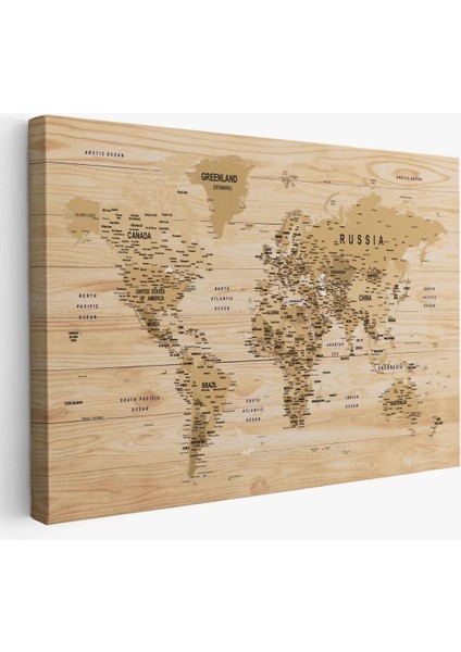 Ahşap Görünümlü Dünya Haritası Ayrıntılı ve Dekoratif Kanvas Tablo 1810