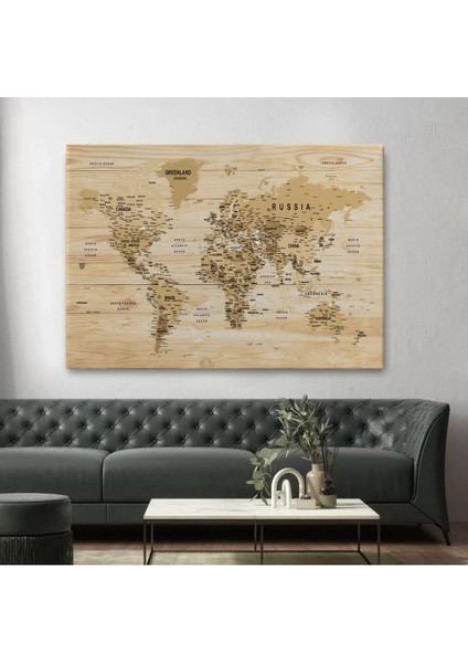 Ahşap Görünümlü Dünya Haritası Ayrıntılı ve Dekoratif Kanvas Tablo 1810 fiyatları