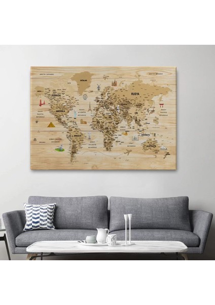 Ahşap Görünümlü Türkçe Dünya Haritası Sembollü Eğitici Kanvas Tablo 2945 fiyatları