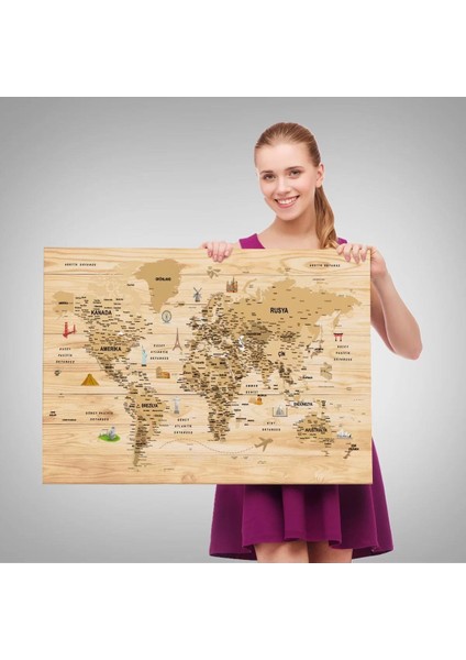 Ahşap Görünümlü Türkçe Dünya Haritası Sembollü Eğitici Kanvas Tablo 2945 fırsatları