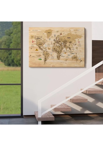 Ahşap Görünümlü Türkçe Dünya Haritası Sembollü Eğitici Kanvas Tablo 2945 indirimleri