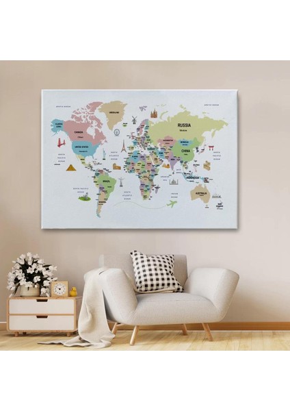 Dünya Haritası Dekoratif Kanvas Tablo Ülke ve Başkentli Öğretici ve Sembollü 2307 fiyatları