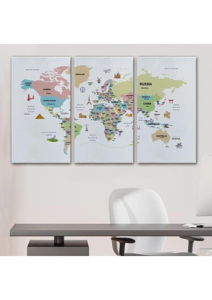 Dünya Haritası Dekoratif Kanvas Tablo Ülke ve Başkentli Öğretici ve Sembollü 2307 modelleri