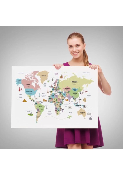 Dünya Haritası Dekoratif Kanvas Tablo Ülke ve Başkentli Öğretici ve Sembollü 2307 fırsatları