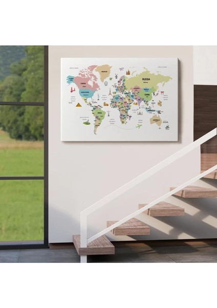 Dünya Haritası Dekoratif Kanvas Tablo Ülke ve Başkentli Öğretici ve Sembollü 2307 indirimleri