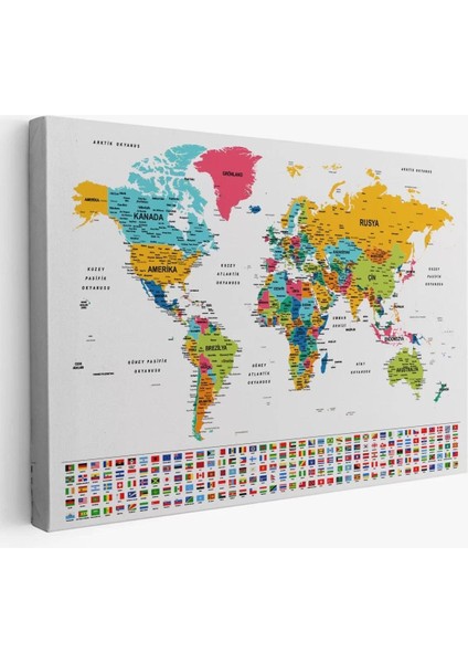 Türkçe Dünya Haritası Son Derece Ayrıntılı Eğitici ve Bayraklı Kanvas Tablo 2797