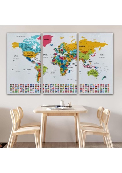 Türkçe Dünya Haritası Son Derece Ayrıntılı Eğitici ve Bayraklı Kanvas Tablo 2797 modelleri