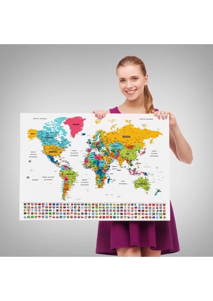Türkçe Dünya Haritası Son Derece Ayrıntılı Eğitici ve Bayraklı Kanvas Tablo 2797 fırsatları
