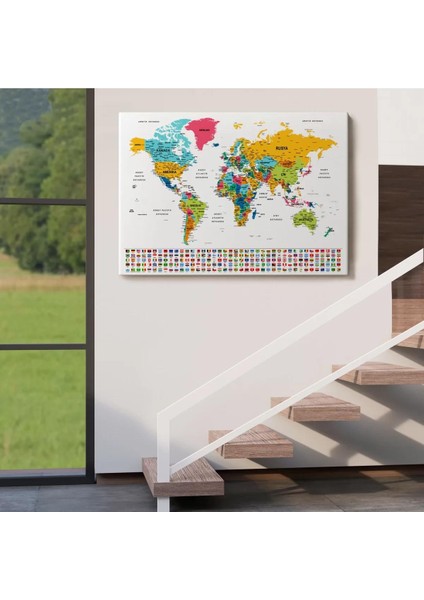Türkçe Dünya Haritası Son Derece Ayrıntılı Eğitici ve Bayraklı Kanvas Tablo 2797 indirimleri