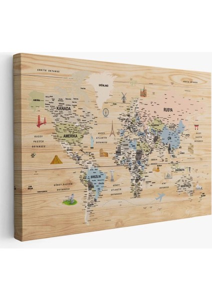 Ahşap Görünümlü Türkçe Dünya Haritası Sembollü Eğitici Kanvas Tablo 2923