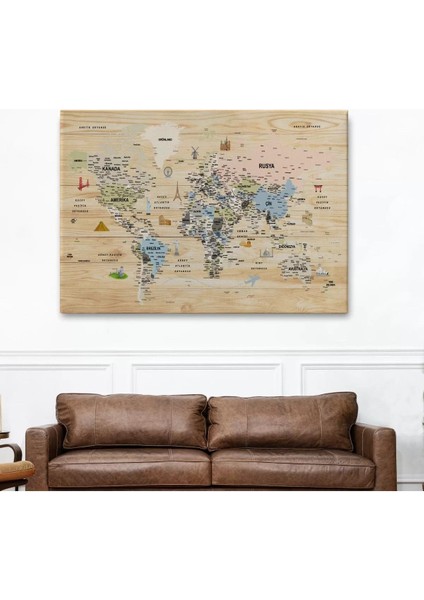 Ahşap Görünümlü Türkçe Dünya Haritası Sembollü Eğitici Kanvas Tablo 2923 fiyatları