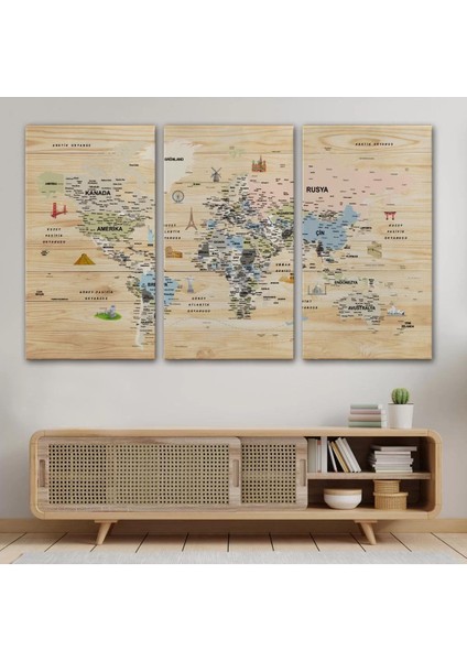 Ahşap Görünümlü Türkçe Dünya Haritası Sembollü Eğitici Kanvas Tablo 2923 modelleri