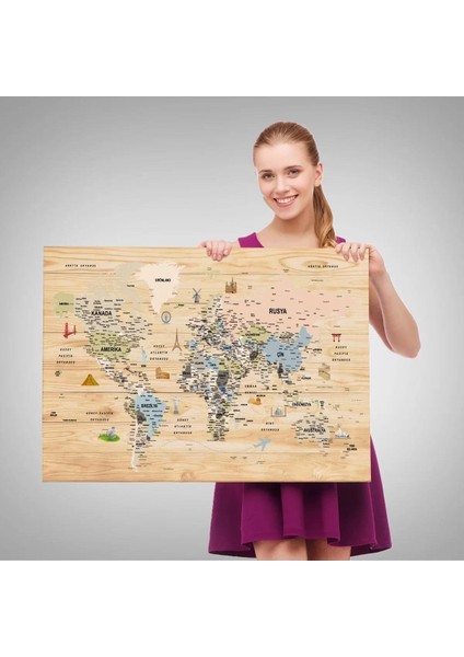 Ahşap Görünümlü Türkçe Dünya Haritası Sembollü Eğitici Kanvas Tablo 2923 fırsatları