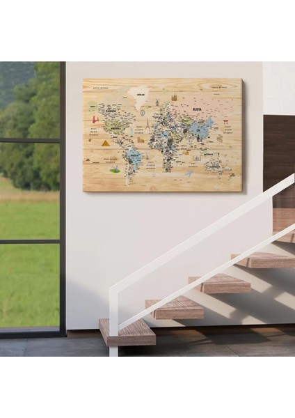 Ahşap Görünümlü Türkçe Dünya Haritası Sembollü Eğitici Kanvas Tablo 2923 indirimleri