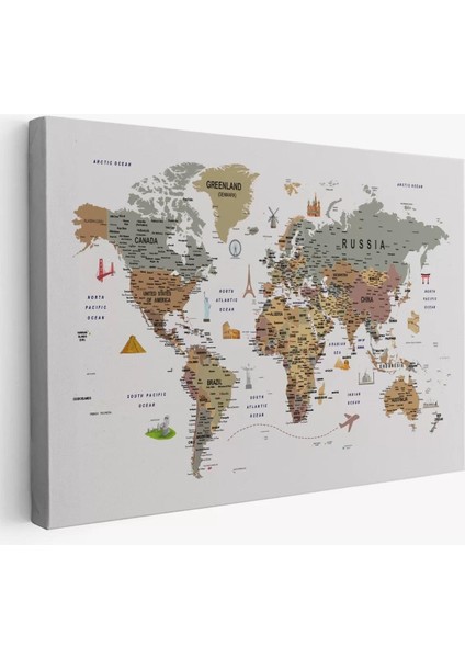 Dünya Haritası Çok Detaylı Ünlü Yerler Sembollü Kanvas Tablo 1774