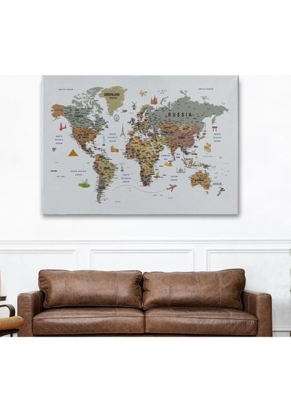 Dünya Haritası Çok Detaylı Ünlü Yerler Sembollü Kanvas Tablo 1774 fiyatları