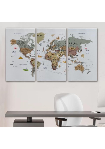 Dünya Haritası Çok Detaylı Ünlü Yerler Sembollü Kanvas Tablo 1774 modelleri