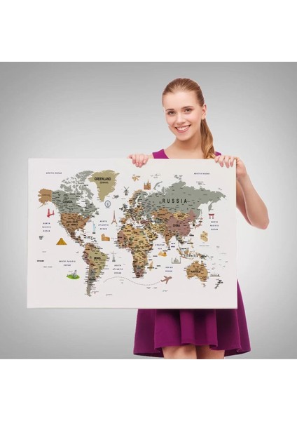 Dünya Haritası Çok Detaylı Ünlü Yerler Sembollü Kanvas Tablo 1774 fırsatları