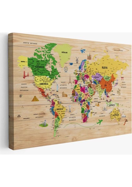 Ahşap Görünümlü Türkçe Dünya Haritası Sembollü Eğitici Dekoratif Kanvas Tablo 2911