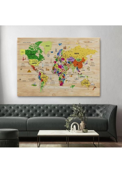 Ahşap Görünümlü Türkçe Dünya Haritası Sembollü Eğitici Dekoratif Kanvas Tablo 2911 fiyatları