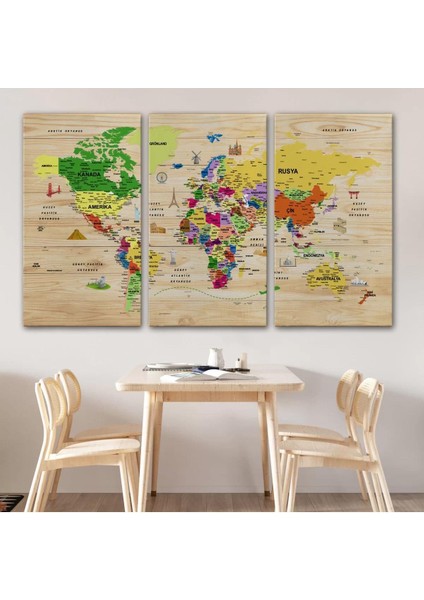 Ahşap Görünümlü Türkçe Dünya Haritası Sembollü Eğitici Dekoratif Kanvas Tablo 2911 modelleri