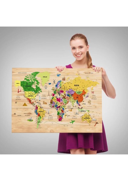 Ahşap Görünümlü Türkçe Dünya Haritası Sembollü Eğitici Dekoratif Kanvas Tablo 2911 fırsatları
