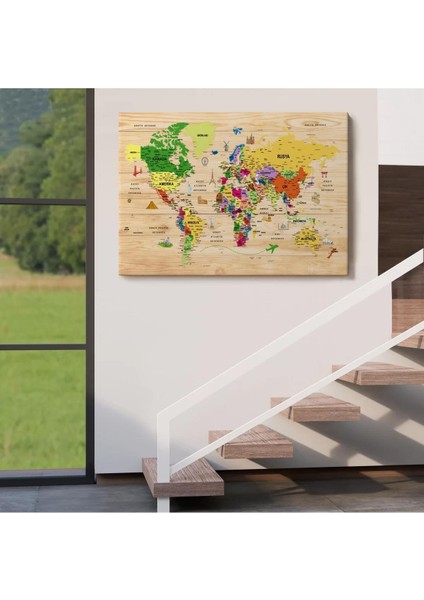 Ahşap Görünümlü Türkçe Dünya Haritası Sembollü Eğitici Dekoratif Kanvas Tablo 2911 indirimleri