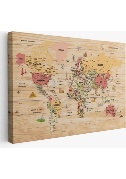 Ahşap Görünümlü Türkçe Dünya Haritası Sembollü Eğitici Kanvas Tablo 2931