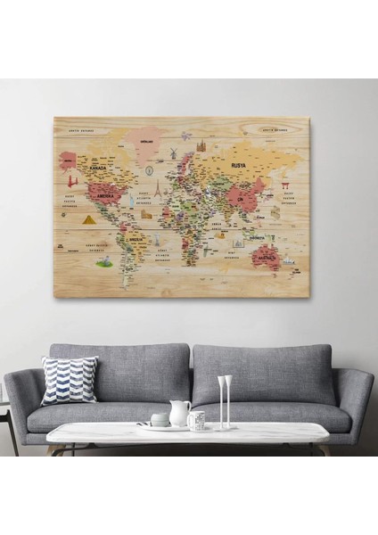 Ahşap Görünümlü Türkçe Dünya Haritası Sembollü Eğitici Kanvas Tablo 2931 fiyatları