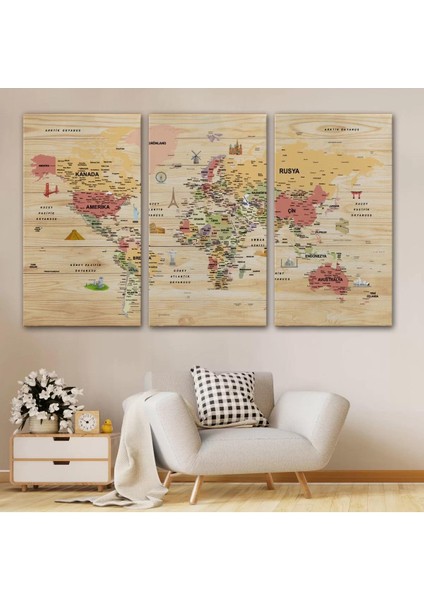 Ahşap Görünümlü Türkçe Dünya Haritası Sembollü Eğitici Kanvas Tablo 2931 modelleri