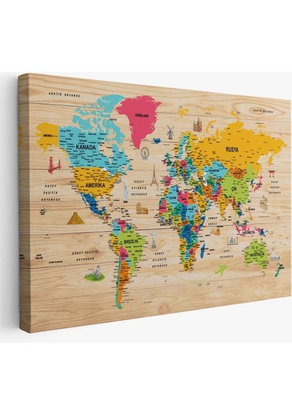 Ahşap Görünümlü Türkçe Dünya Haritası Sembollü Eğitici Kanvas Tablo 2939