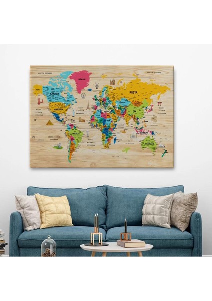 Ahşap Görünümlü Türkçe Dünya Haritası Sembollü Eğitici Kanvas Tablo 2939 fiyatları