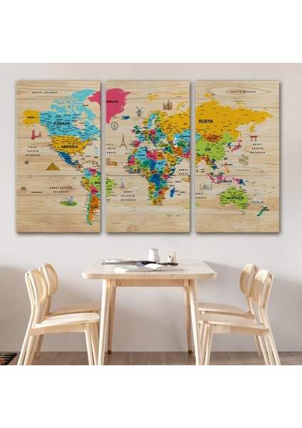 Ahşap Görünümlü Türkçe Dünya Haritası Sembollü Eğitici Kanvas Tablo 2939 modelleri