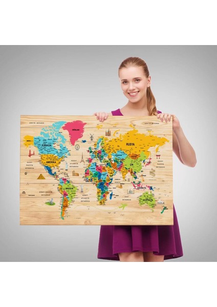 Ahşap Görünümlü Türkçe Dünya Haritası Sembollü Eğitici Kanvas Tablo 2939 fırsatları