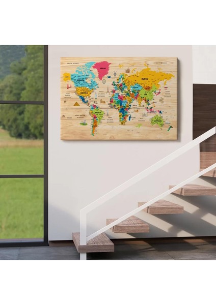 Ahşap Görünümlü Türkçe Dünya Haritası Sembollü Eğitici Kanvas Tablo 2939 indirimleri