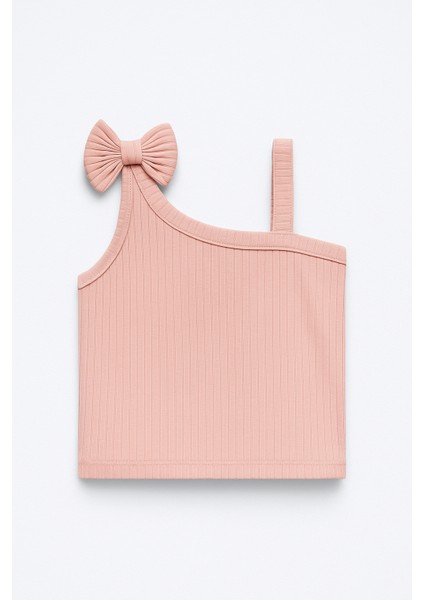 Kız Çocuk Pamuklu Pudra Fiyonklu Asimetrik Crop T-Shirt - Tek Omuzlu Ribana