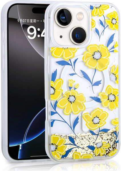 iPhone 15 Uyumlu Kılıf Sıvılı Simli Baskılı Şeffaf Arka Yüzey Iktk Mossa Silikon Kapak-Sarı