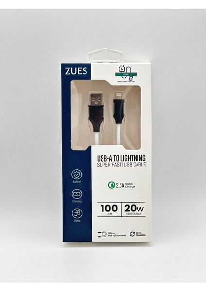 Zues 100 cm Usb-A To Lightning Şarj ve Data Kablosu - 20W Hızlı Şarj, iPhone Uyumlu