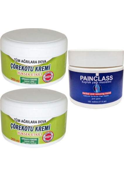 2 Adet Çörek Otu Kremi Büyük Xlboy 200 ml Green + 150 ml Kuyruk Yağı Kremi Painclass / Diz Dirsek Iskelet Sırt Bel Kas Agrilarina Masaj Seti
