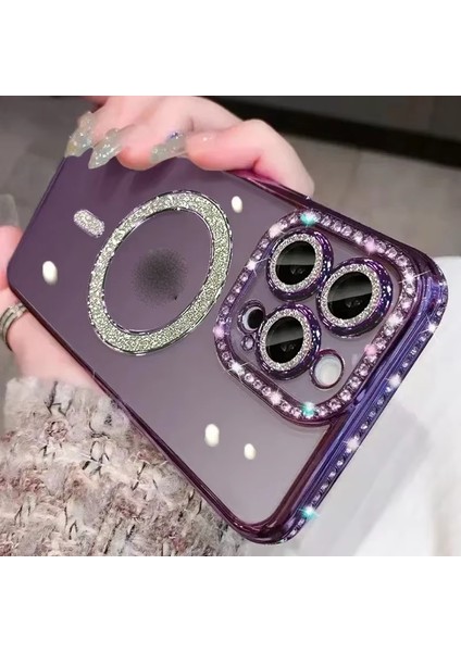 iPhone 14 Pro Max Mor Yanları Taşlı Kamerası Korumalı ve Simli Magsafeli Koruyucu Kılıf
