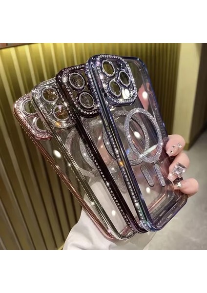 iPhone 14 Pro Max Mor Yanları Taşlı Kamerası Korumalı ve Simli Magsafeli Koruyucu Kılıf
