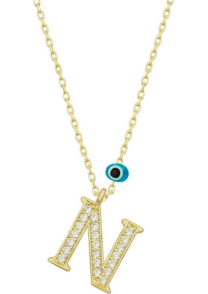 925 Ayar Gümüş Nazar Gold N Harfi Kadın Gümüş Kolye (T6790) (483483)