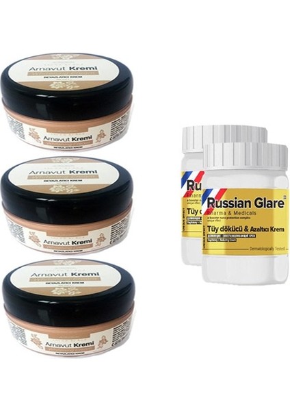Whitening Cream 50 ml Arnavut Kremi Aklık Kremi 3 Adet + Russıan Glare Tüy Dökücü Azaltıcı Merhem 50 ml 2 Adet