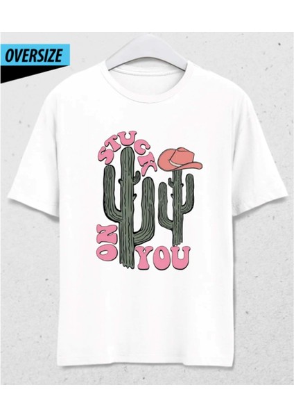 Stuck On You – Kaktüs Edition Oversize T-Shirt Beyaz %100 Pamuklu Özel Tasarım Baskı fiyatları